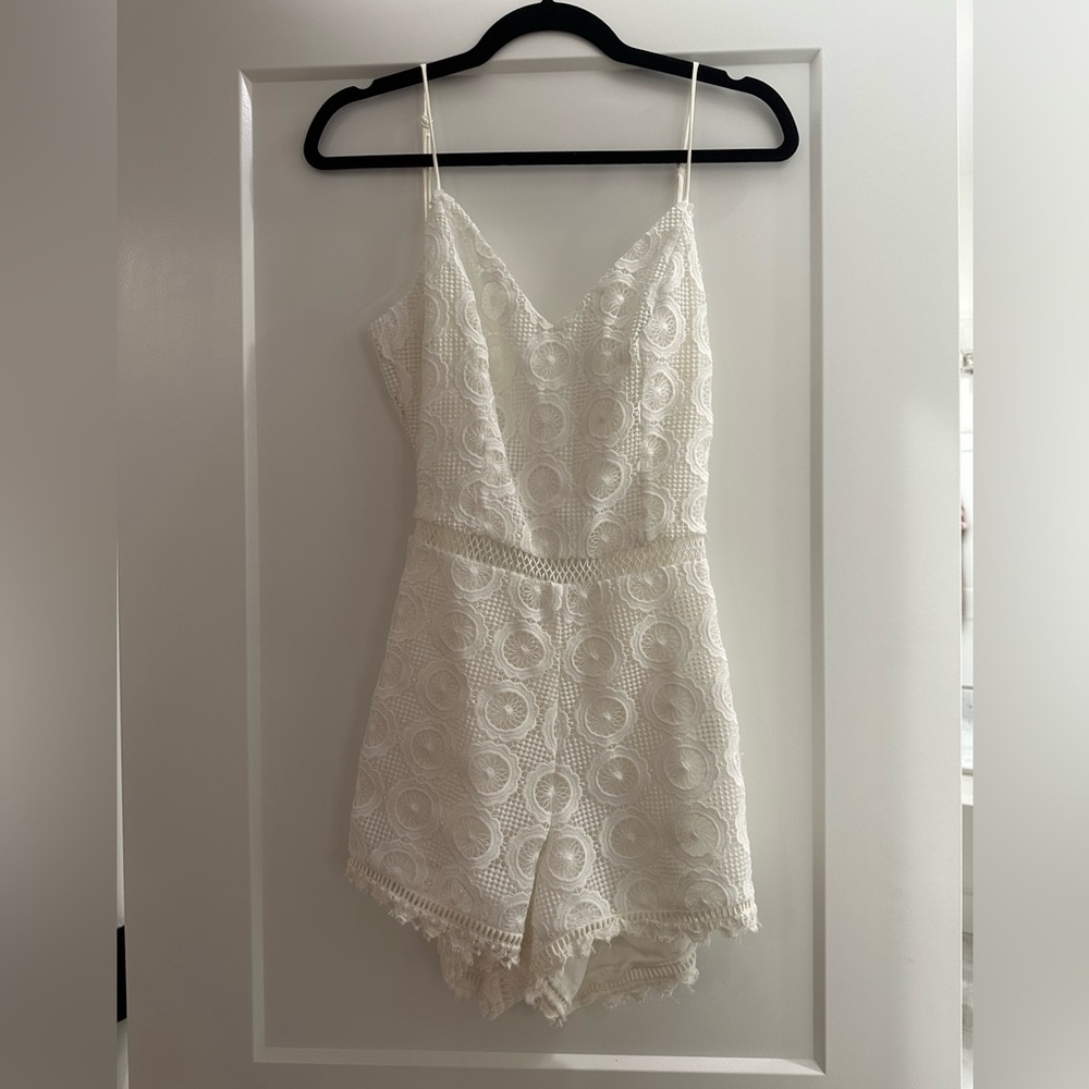 Lovers + Friends White Lace Romper with Open Tie Back